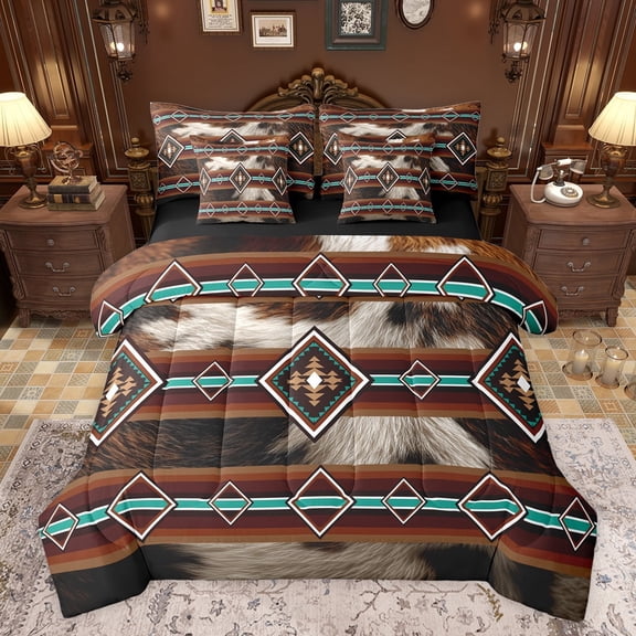 jejeloiu Retro Boho Aztec 7-Piece Bedding Comforter Set,Rustic Farmhouse Cowhide King Bedding Sets,Vintage Bohemain Rhombus Bed Sheets For Teens,Microfiber Bedroom Decor Reversible
