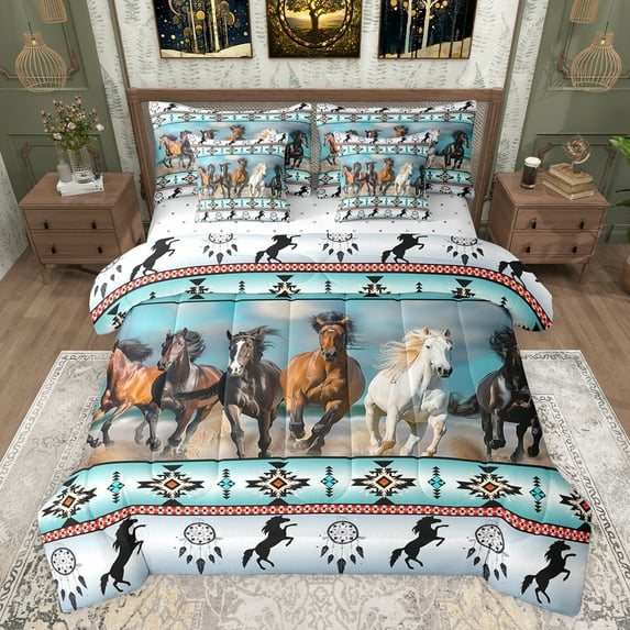 jejeloiu Retro Boho Aztec 7-Piece Bedding Comforter Set,Rustic Farmhouse Tribal King Bedding Sets,Farm Animal Horse Bed Sheets For Teens,Microfiber Bedroom Decor Reversible