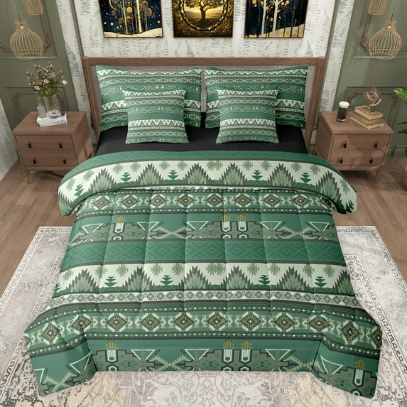 jejeloiu Retro Boho Aztec 7 Pieces Bedding Comforter Set,Rustic Farmhouse Tribal Full Bedding Set,Green Bohemian Triangle Rhombus Fitted Sheet Flat Sheet For Teens,Microfiber Bedroom Decor Reversible