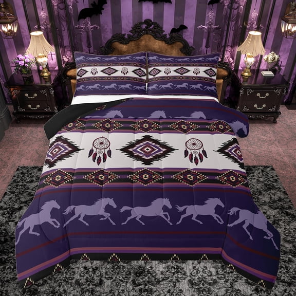 jejeloiu Retro Boho Aztec Bedding Comforter Set,Rustic Farmhouse Tribal Twin Comforter Sets,Purple Horse Silhouette Bedding Set For Teens,Microfiber Bedroom Decor Reversible,2 Pieces