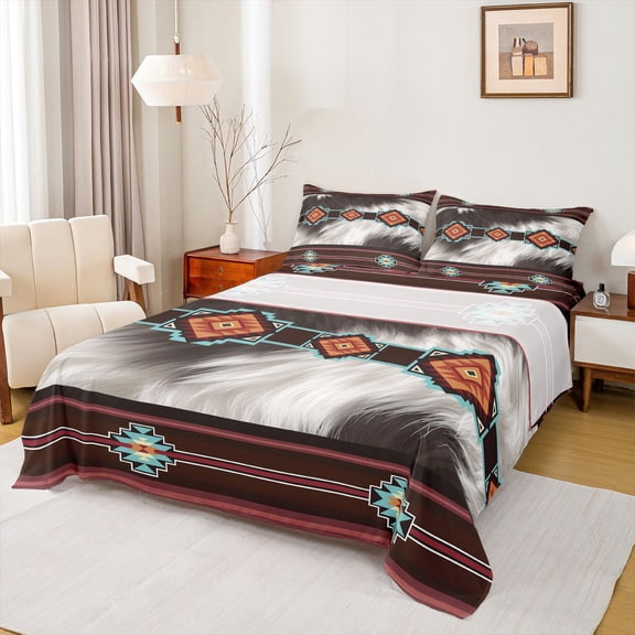 jejeloiu Retro Boho Aztec Full Size Sheets,Cow Cattle Hide Bed Sheets,White Brown Cyan Sheet Sets For Girls Kids,Microfiber Bedroom Decor,4pcs