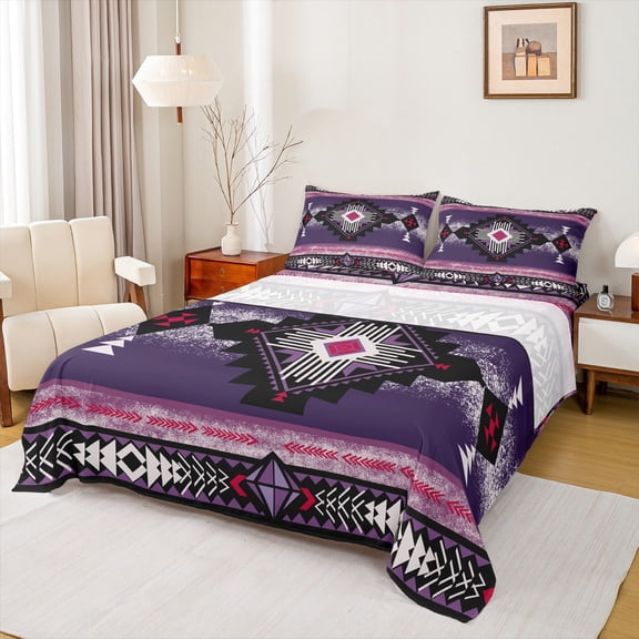 jejeloiu Retro Boho Aztec Full Size Sheets,Rustic Farmhouse Tribal Bed Sheets,Purple Bohemian Rhombus Sheet Sets For Teens,Microfiber Bedroom Decor,4pcs