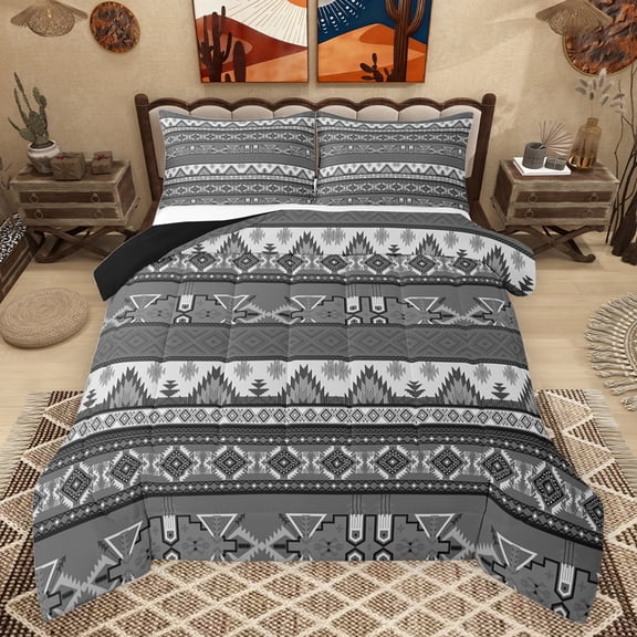 jejeloiu Retro Boho Aztec Queen Comforter Set,Rustic Farmhouse Tribal Bedding Sets,Gray White Bohemian Geometric Bedding Comforter Set For Teens,Microfiber Bedroom Decor Reversible,3pcs
