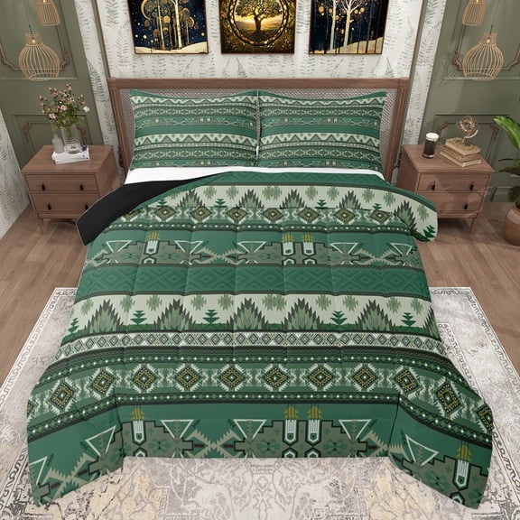 jejeloiu Retro Boho Aztec Queen Comforter Set,Rustic Farmhouse Tribal Bedding Sets,Green Bohemian Triangle Rhombus Bedding Comforter Set For Teens,Microfiber Bedroom Decor Reversible,3 Pieces