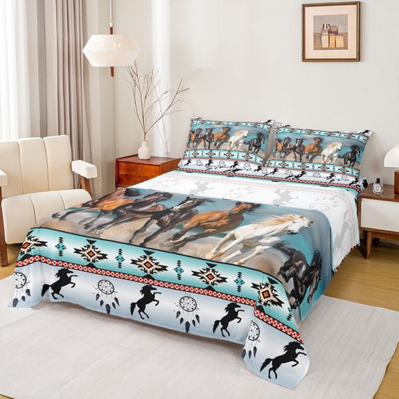jejeloiu Retro Boho Aztec Queen Sheet Sets,Rustic Farmhouse Tribal Flat Sheet,Farm Animal Horse Queen Fitted Sheet For Teens,Microfiber Bedroom Decor,4pcs
