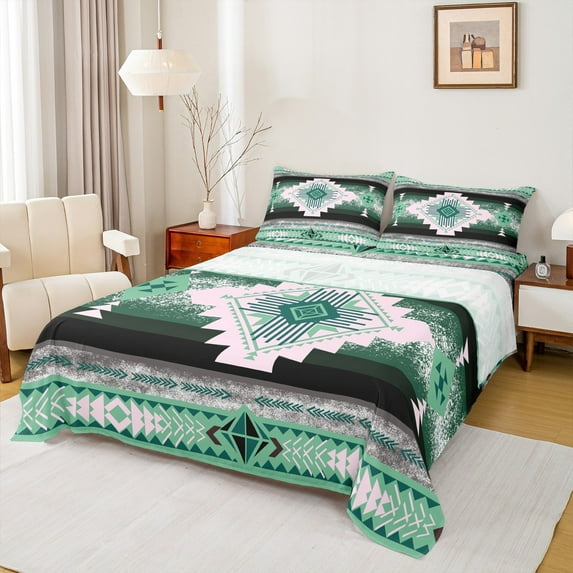 jejeloiu Retro Boho Aztec Twin Sheet Sets,Rustic Farmhouse Tribal Twin Fitted Sheet,Green Pink Bohemian Rhombus Flat Sheet For Teens,Microfiber Bedroom Decor,3pcs