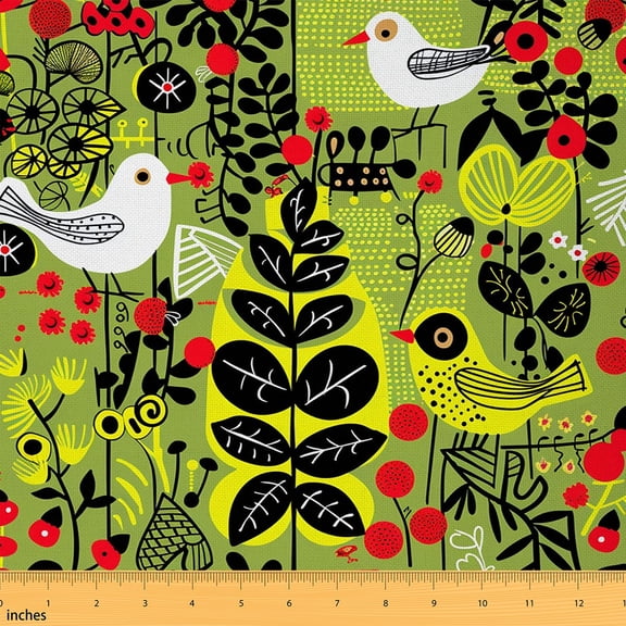 jejeloiu Retro Boho Bird Fabric by the Yard 2 Yards,Rustic Flower Leaves Room Decor Fabric by the Yard,Green Red White Fabric for Sewing For Child,Breathable Home Decor