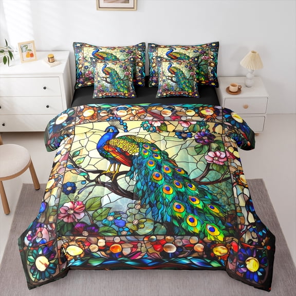 jejeloiu Retro Boho Floral 7-Piece Twin Bedding Set,Zoo Animal Peacock Rainbow Glass,Ultra Soft Reversible Decor For Kids