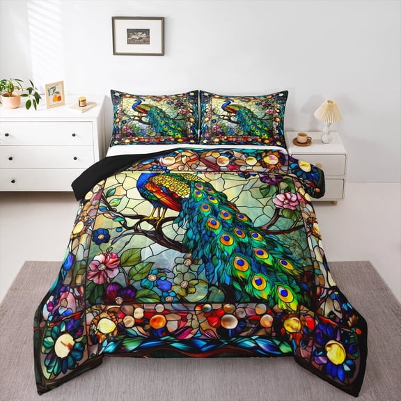 jejeloiu Retro Boho Floral Queen Comforter Set,Zoo Animal Peacock Bedding Sets,Rainbow Galss Flower Bedding Comforter Set For Girl Kids,Ultra Soft Home Decor Reversible,3-Piece