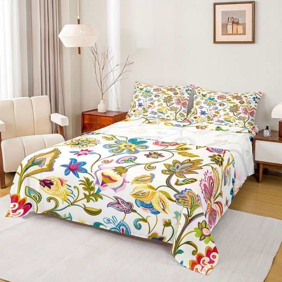 jejeloiu Retro Boho Flower Twin Sheet Sets,Colorful Rustic Floral Twin Fitted Sheet,Oil Painting Theme Flat Sheet For Girls,Lightweight Room Decor,3-Piece