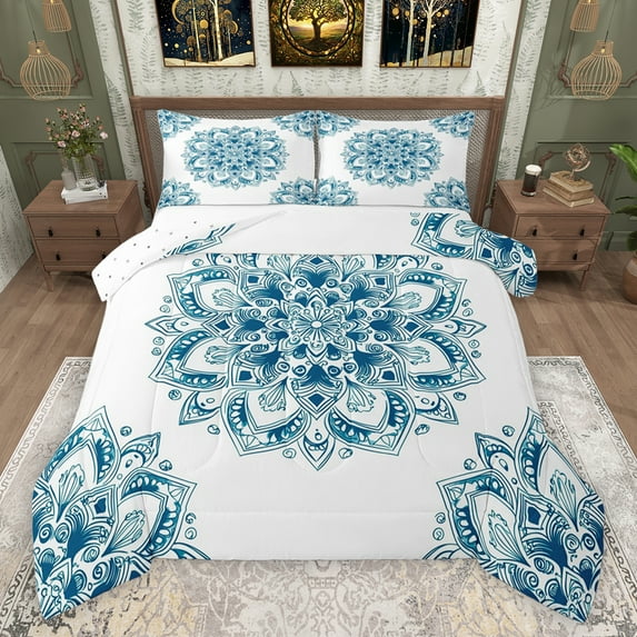 jejeloiu Retro Boho Flowers Bedding Comforter Set,Bohemian Medallion Gloral Twin Comforter Sets,White Cyan Bedding Set For Girls Kids,Super Cozy Room Decor Reversible,2pcs