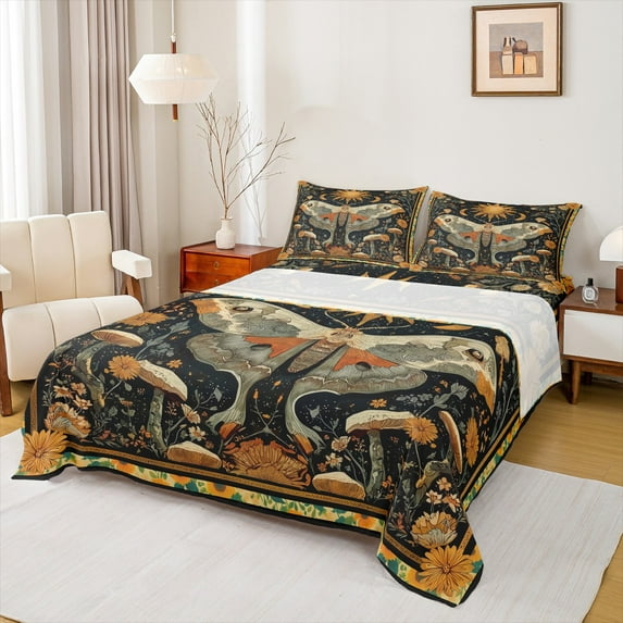 jejeloiu Retro Boho Moth Bed Sheets,Gothic Theme King Sheets,Rustic Mushroom Sheet Set For Teens,Super Cozy Room Decor,4-Piece