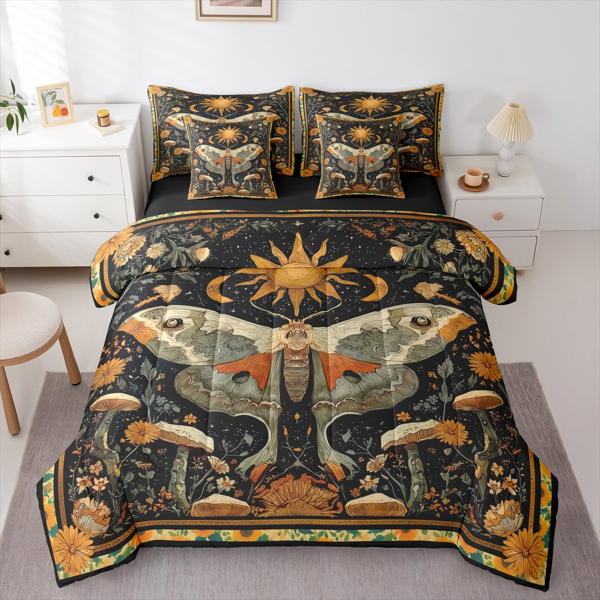 jejeloiu Retro Boho Moth Bedding Comforter Set 7pcs,Gothic Theme Queen Bedding Sets,Rustic Mushroom Queen Sheet Sets For Teens,Super Cozy Room Decor Reversible