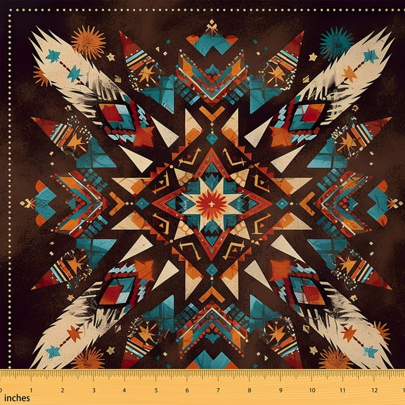 jejeloiu Retro Boho Pattern Fabric by the Yard 1 Yard,Western Tribal Style Home Decor Fabric by the Yard,Brown Cyan Beige Sewing Fabric For Men Women,Breathable Home Decor