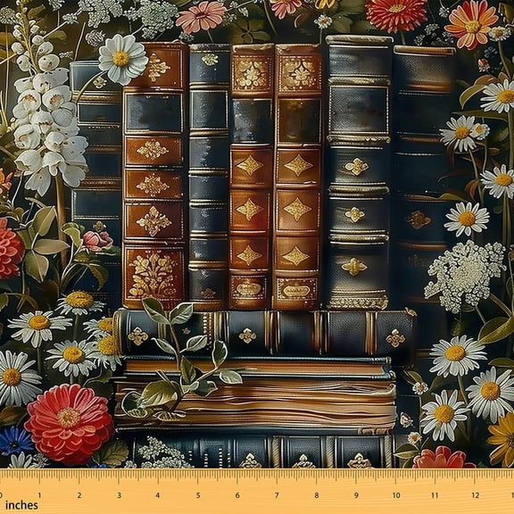 jejeloiu Retro Book Paint Fabric by the Yard 1 Yard,Rustic Flower Daisy Home Decor Fabric by the Yard,Colorful Floral Sewing Fabric For Children,Microfiber Bedroom Decor