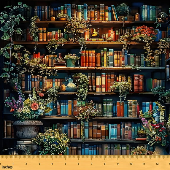 jejeloiu Retro Bookcase Fabric by the Yard 1 Yard,Gothic Skeleton Home Decor Fabric by the Yard,Halloween Theme Sewing Fabric,Luxury Bedroom Decor