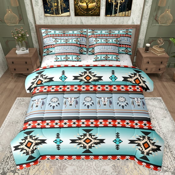 jejeloiu Retro Bull Skull 7-Piece Twin Bedding Sets,Boho Exotic Style Bedding Comforter Set,Rustic Aztec Triangle Sheet Sets For Adults,Super Cozy Room Decor Reversible
