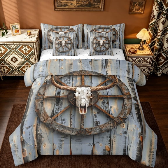 jejeloiu Retro Bull Skull Bedding Comforter Set,7-Piece,Old Barn Door King Bedding Sets,Rustic Farmhouse Cabin Bed Sheets,Ultra Soft Room Decor Reversible