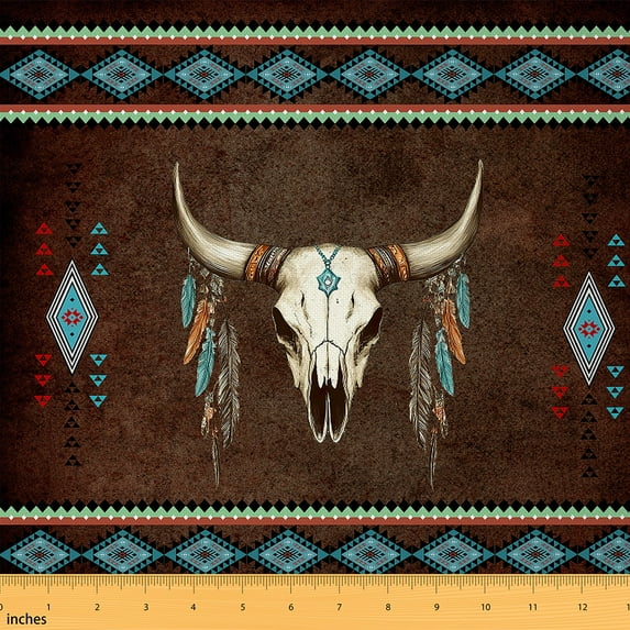 jejeloiu Retro Bull Skull Fabric by the Yard 1 Yard,Rustic Farmhouse Cabin Home Decor Fabric by the Yard,Brown Beige Teal Sewing Fabric For Teens,Microfiber Bedroom Decor