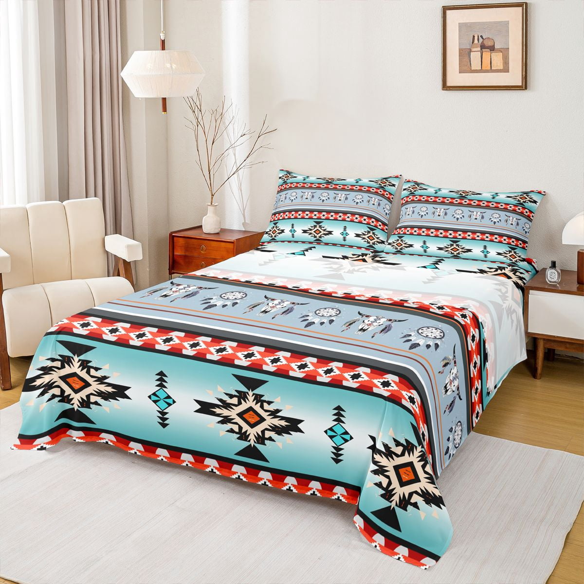 jejeloiu Retro Bull Skull Full Size Sheets,Boho Exotic Style Bed Sheets ...