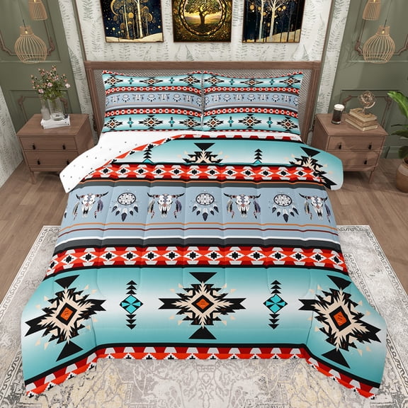 jejeloiu Retro Bull Skull Queen Comforter Set,Boho Exotic Style Bedding Sets,Rustic Aztec Triangle Bedding Comforter Set For Adults,Super Cozy Room Decor Reversible,3-Piece