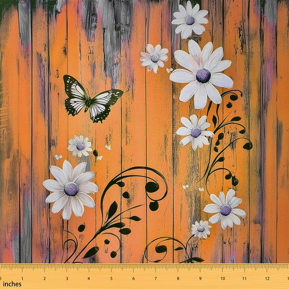 jejeloiu Retro Butterflies Flower Fabric by the Yard 1 Yard,Spring Rustic Floral Home Decor Fabric by the Yard,Orange White Sewing Fabric For Child,Microfiber Bedroom Decor