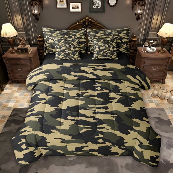 jejeloiu Retro Camo Camouflage 7pcs Bedding Comforter Set,Military Style Queen Bedding Sets For Teens Men Reversible