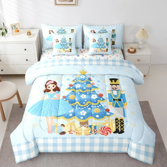 jejeloiu Retro Cartoon Nutcracker 7-Piece Twin Bedding Sets,Kawaii Ballet Dancer Bedding Comforter Set,Cute Christmas Tree Xmas Gifts Sheet Sets For Girls,Microfiber Bedroom Decor Reversible