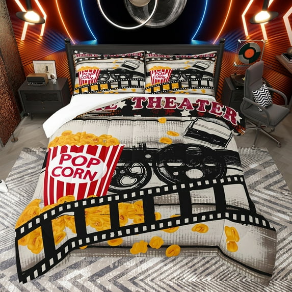 jejeloiu Retro Cinema Filmstrip Full Size Comforter Sets,Home Theater Bedding Comforter Set,Movie Popcoen Bedding Sets For Adults,Super Cozy Room Decor,3 Pieces