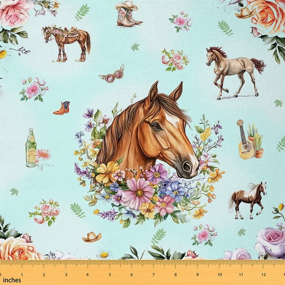 jejeloiu Retro Cowgirl Fabric by the Yard 3 Yards,Western Farm Horse Sewing Fabric,Chic Flower Floral Fabric for Sewing For Girls Boys,Super Cozy Room Decor