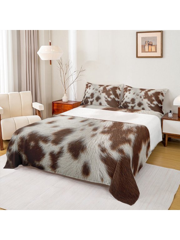 Retro Cowhide Bed Sheets,Rustic Farmhouse Cabin King Sheets,Brown Beige Sheet Set For Bots Teens,Ultra Soft Home Decor,4 Pieces