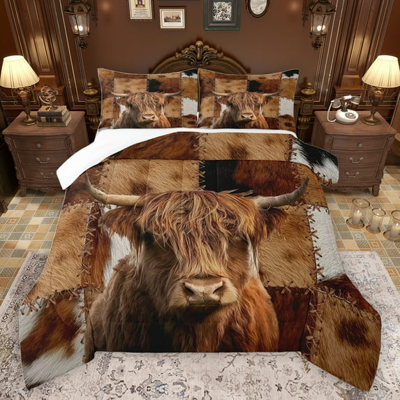 jejeloiu Retro Cowhide Bedding Comforter Set,Brown Highland Cattle Twin Comforter Sets,Rustic Western Farmhouse Bedding Set For Adults,Breathable Home Decor,2-Piece