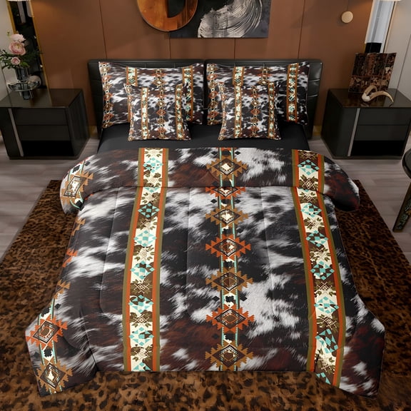 jejeloiu Retro Cowhide Pattern 7-Piece Bedding Comforter Set,Rustic Western Aztec King Bedding Sets For Adults Reversible