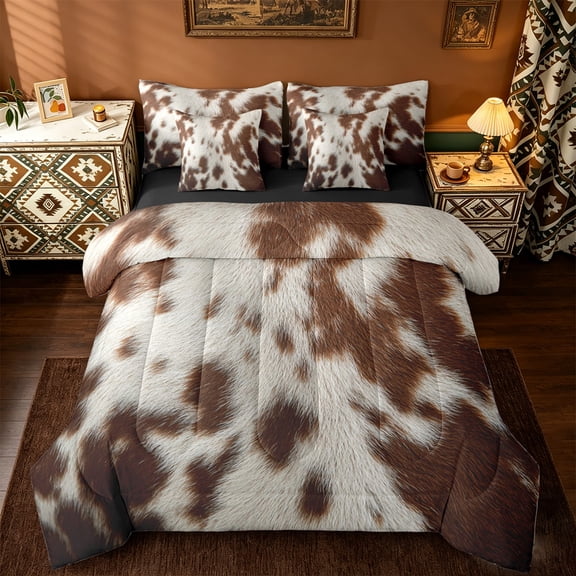 jejeloiu Retro Cowhide Twin Bedding Sets 7-Piece,Rustic Farmhouse Cabin Bedding Comforter Set,Brown Beige Sheet Sets For Bots Teens,Ultra Soft Home Decor Reversible