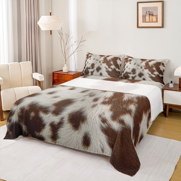 jejeloiu Retro Cowhide Twin Sheet Sets,Rustic Farmhouse Cabin Twin Fitted Sheet,Brown Beige Flat Sheet For Bots Teens,Ultra Soft Home Decor,3 Pieces