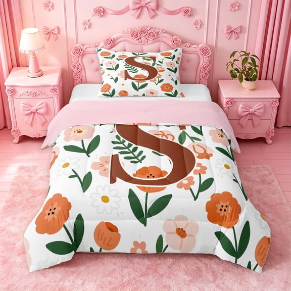 Catabedysis Retro Daisy Print Twin Comforter Sets For Girl,Boho Flower Personalized Letter S Bedding Set,Pink Reversible,2-Piece,1 Comforter and 1 Pillowcase