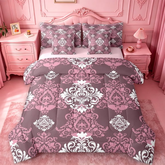 jejeloiu Retro Damask 7 Pieces Full Size Bedding Sets For Girls,Floral Pattern Full Size Bed in a Bag,Mauve White,Pink Reversible