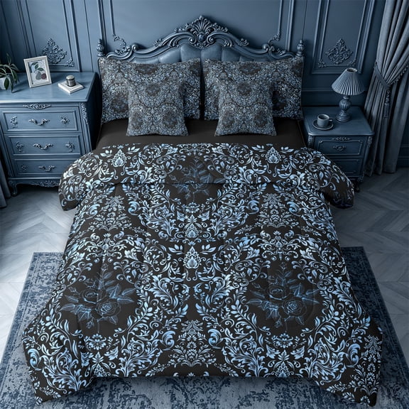 jejeloiu Retro Damask 7pcs Queen Bedding,Floral Design Bedding Comforter Set Queen For Adults,Black Blue,Black Reversible