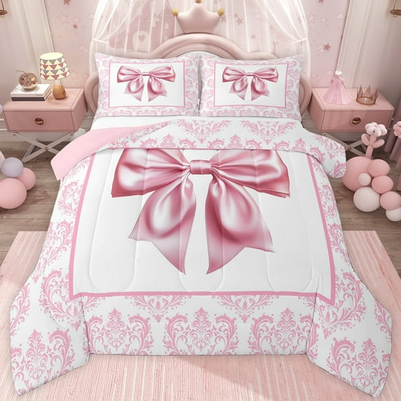 jejeloiu Retro Damask Baroque Twin Comforter Sets,Pink Bowknot Pattern Bedding Set For Kids Reversible 2pcs