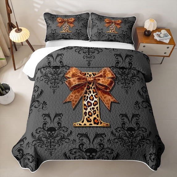 jejeloiu Retro Damask FloralQuilt Full For Girls,Gothic Letter Initial I Full Bedspread Sets,3pcs