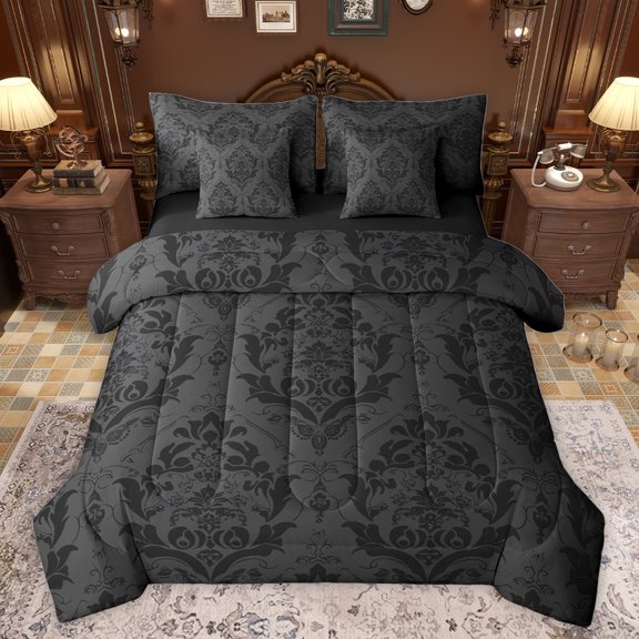 jejeloiu Retro Damask Flower 7-Piece Twin Bedding Sets,Bohemian Floral Bedding Comforter Set,Gray Black Jacquard Sheet Sets For Men Women,Breathable Home Decor Reversible