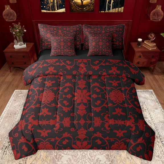 jejeloiu Retro Damask Flower 7-Piece Twin Bedding Sets,Bohemian Floral Bedding Comforter Set,Red Black Sheet Sets For Men Women,Breathable Home Decor Reversible
