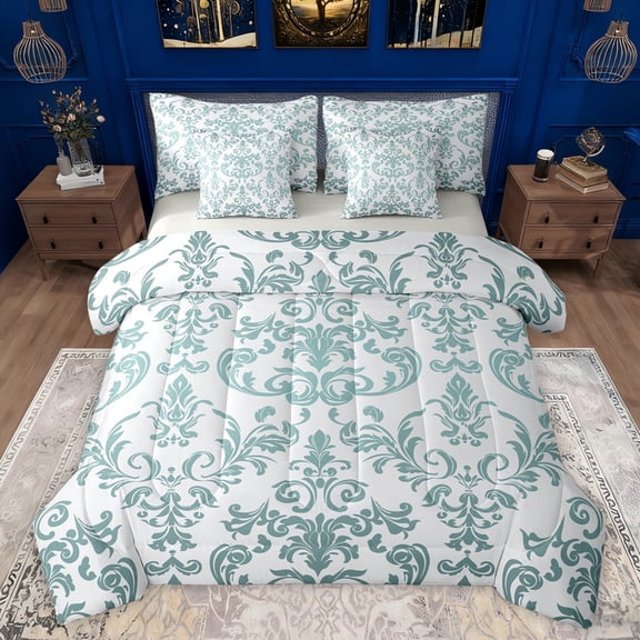 jejeloiu Retro Damask Flower 7 Pieces Bedding Comforter Set,Bohemian Floral Full Bedding Set,Teal Gray Fitted Sheet Flat Sheet For Men Women,Breathable Home Decor Reversible
