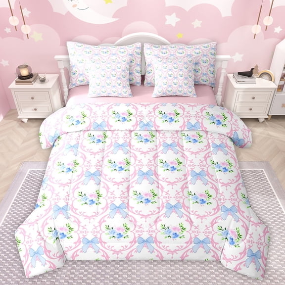 jejeloiu Retro Damask Flower 7 Pieces Bedding Comforter Set,Lovely Blue Bow Full Bedding Set,Cute Flower Fitted Sheet Flat Sheet For Girl Teens,Luxury Bedroom Decor Reversible