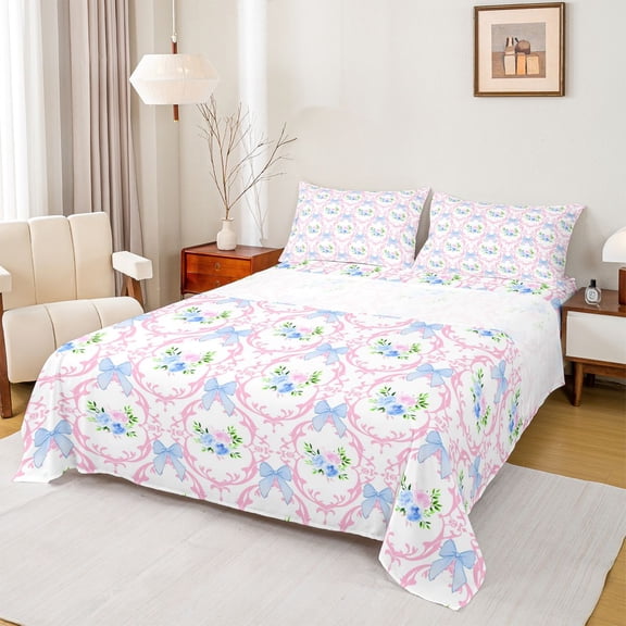 jejeloiu Retro Damask Flower Bed Sheets,Lovely Blue Bow King Sheets,Cute Flower Sheet Set For Girl Teens,Luxury Bedroom Decor,4 Pieces