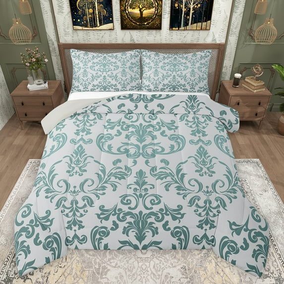 jejeloiu Retro Damask Flower Queen Comforter Set,Bohemian Floral Bedding Sets,Teal Gray Bedding Comforter Set For Men Women,Breathable Home Decor Reversible,3pcs