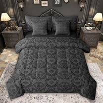 jejeloiu Retro Damask Print 7-Piece Twin Bedding Sets,Black Bohemian Flowers Bedding Comforter Set For Adults Reversible