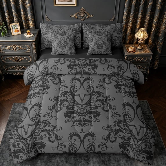 jejeloiu Retro Damask Print 7-Piece Twin Bedding Sets,Vintage Bull Skull Bedding Comforter Set,Black Baroque Flower Sheet Sets For Men Women,Luxury Bedroom Decor Reversible