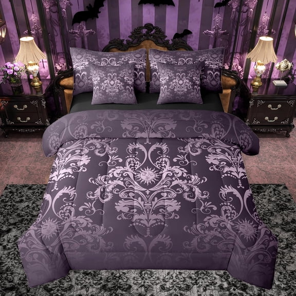 jejeloiu Retro Damask Print 7pcs Bedding Comforter Set,Bohemian Exotic Sun Queen Bedding Sets,Purple Baroque Flower Queen Sheet Sets For Men Women,Luxury Bedroom Decor Reversible