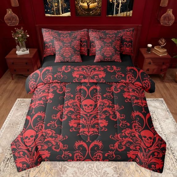 jejeloiu Retro Damask Print 7pcs Bedding Comforter Set,Gothic Skull Skeleton Queen Bedding Sets,Red Baroque Flower Queen Sheet Sets For Men Women,Luxury Bedroom Decor Reversible
